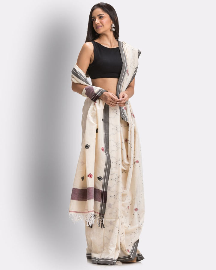 Beige grey handwoven cotton jamdani saree