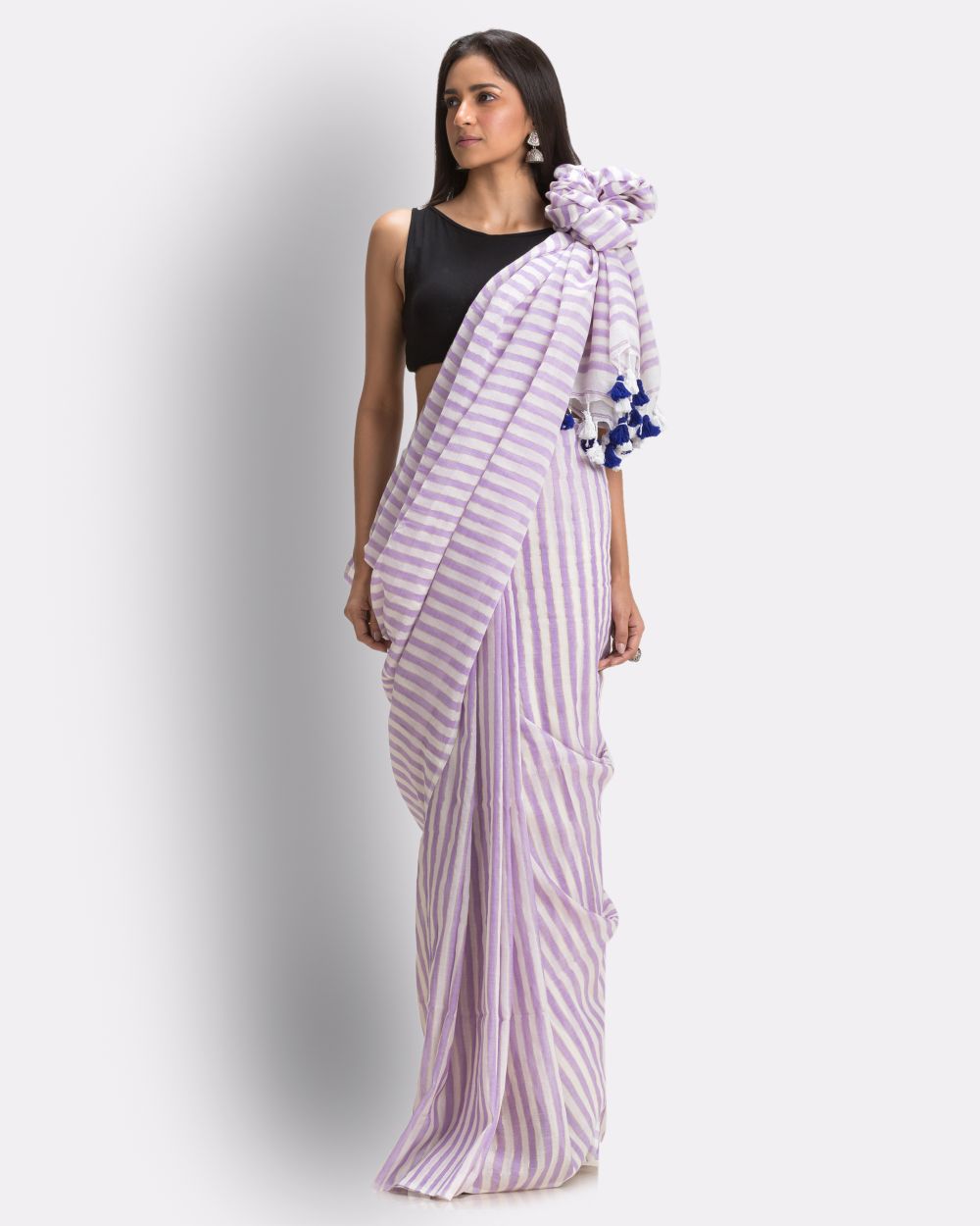 Purple white striped handwoven mul cotton bengal saree