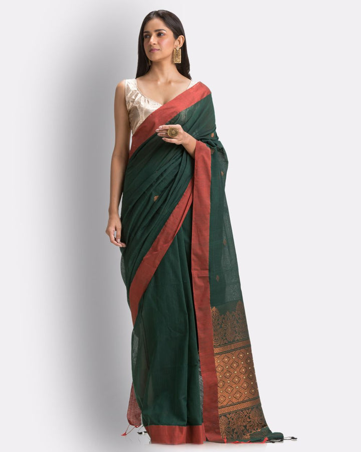 Dark green red handwoven cotton bengal saree