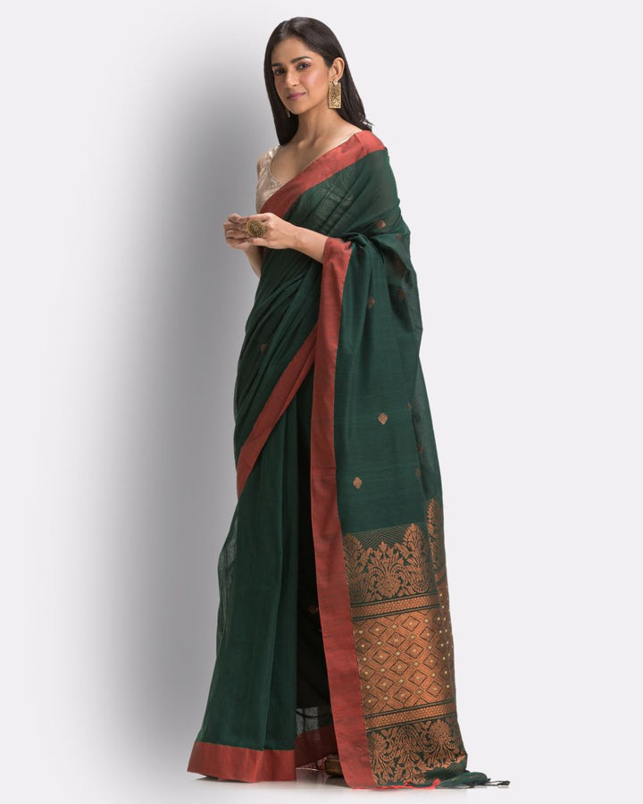 Dark green red handwoven cotton bengal saree