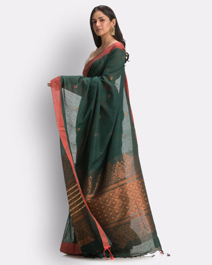 Dark green red handwoven cotton bengal saree