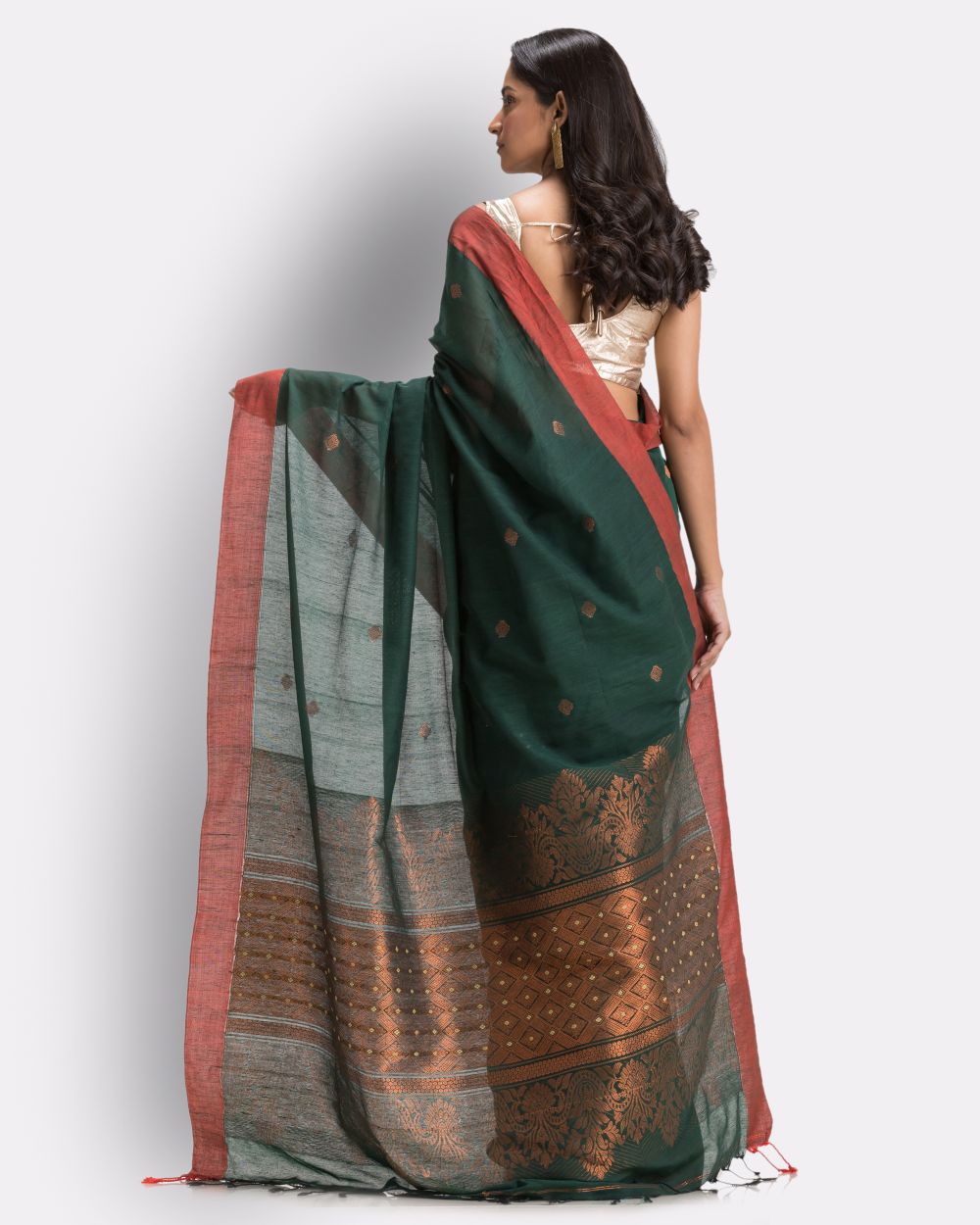 Dark green red handwoven cotton bengal saree