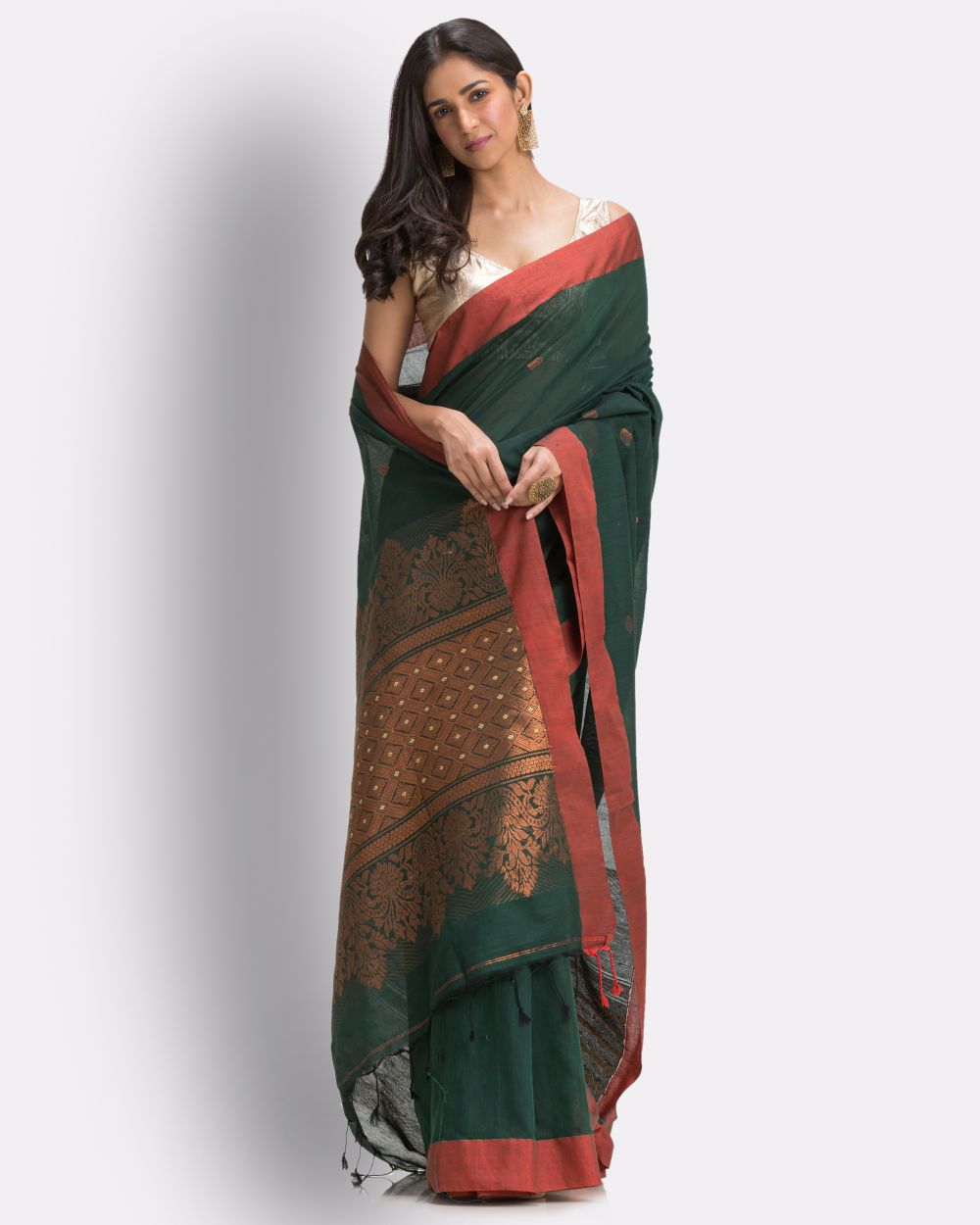 Dark green red handwoven cotton bengal saree