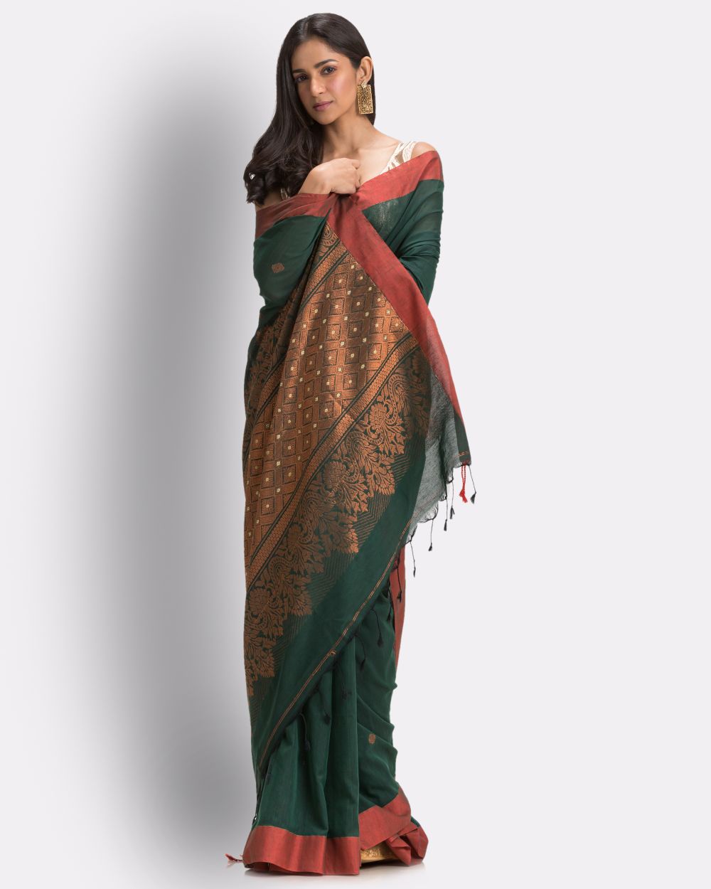 Dark green red handwoven cotton bengal saree