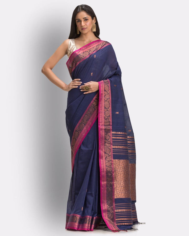 Navy blue pink handwoven cotton bengal saree