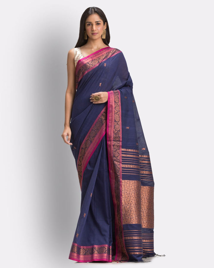 Navy blue pink handwoven cotton bengal saree