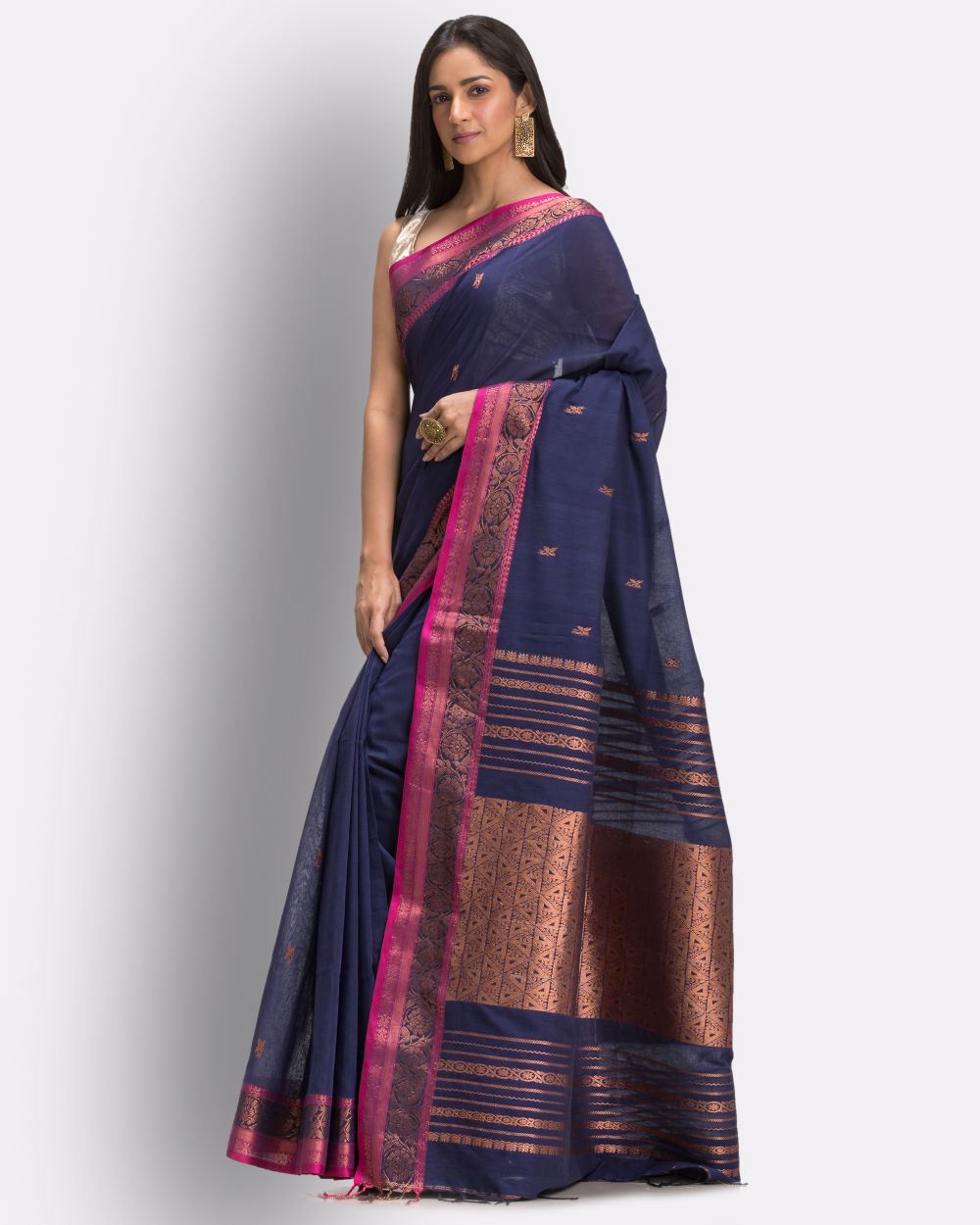 Navy blue pink handwoven cotton bengal saree