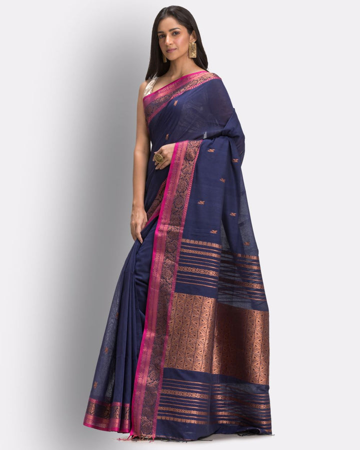 Navy blue pink handwoven cotton bengal saree