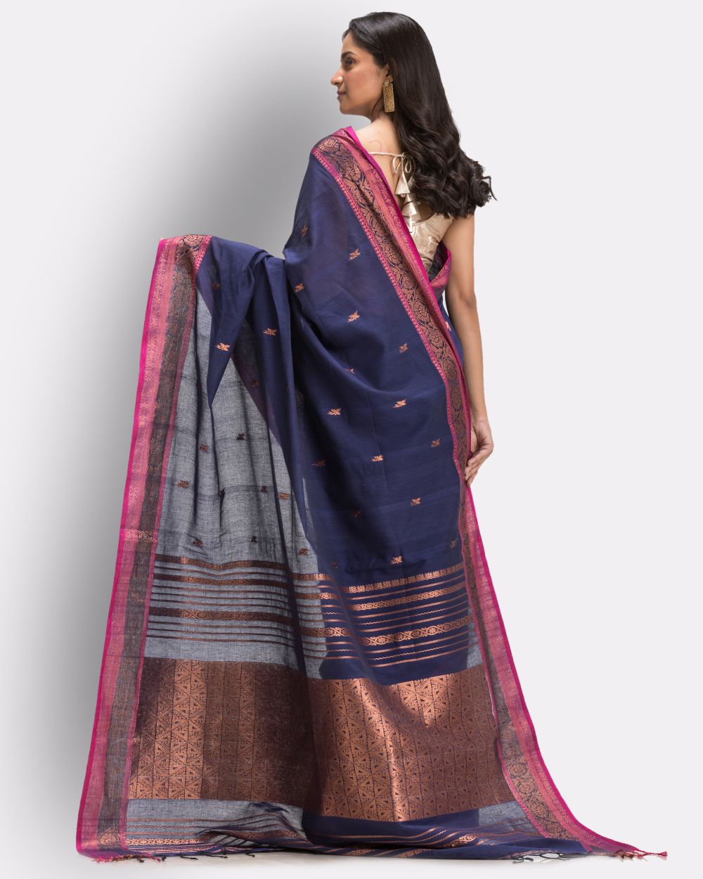 Navy blue pink handwoven cotton bengal saree