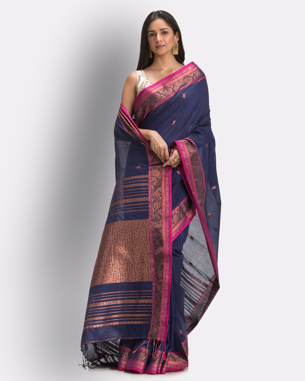 Navy blue pink handwoven cotton bengal saree