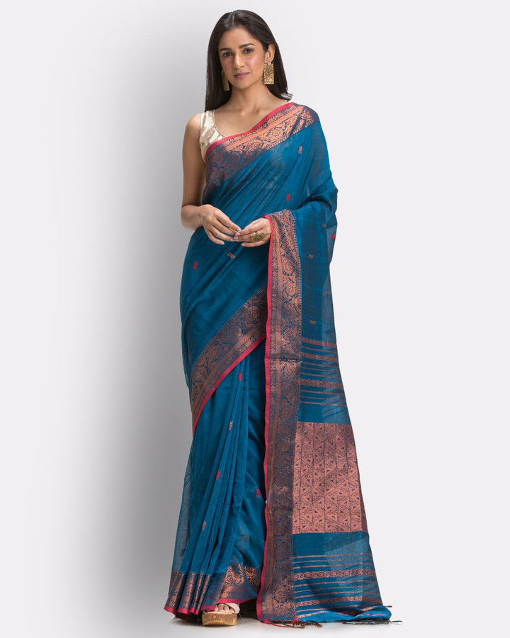 Sky blue red handwoven cotton bengal saree