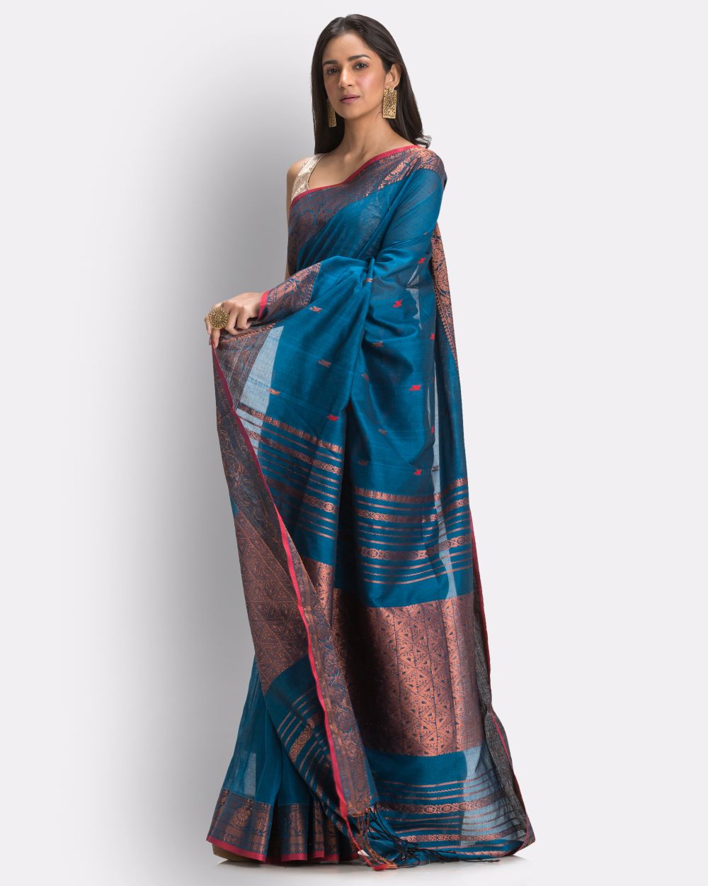 Sky blue red handwoven cotton bengal saree
