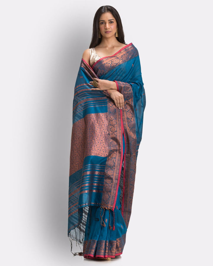Sky blue red handwoven cotton bengal saree