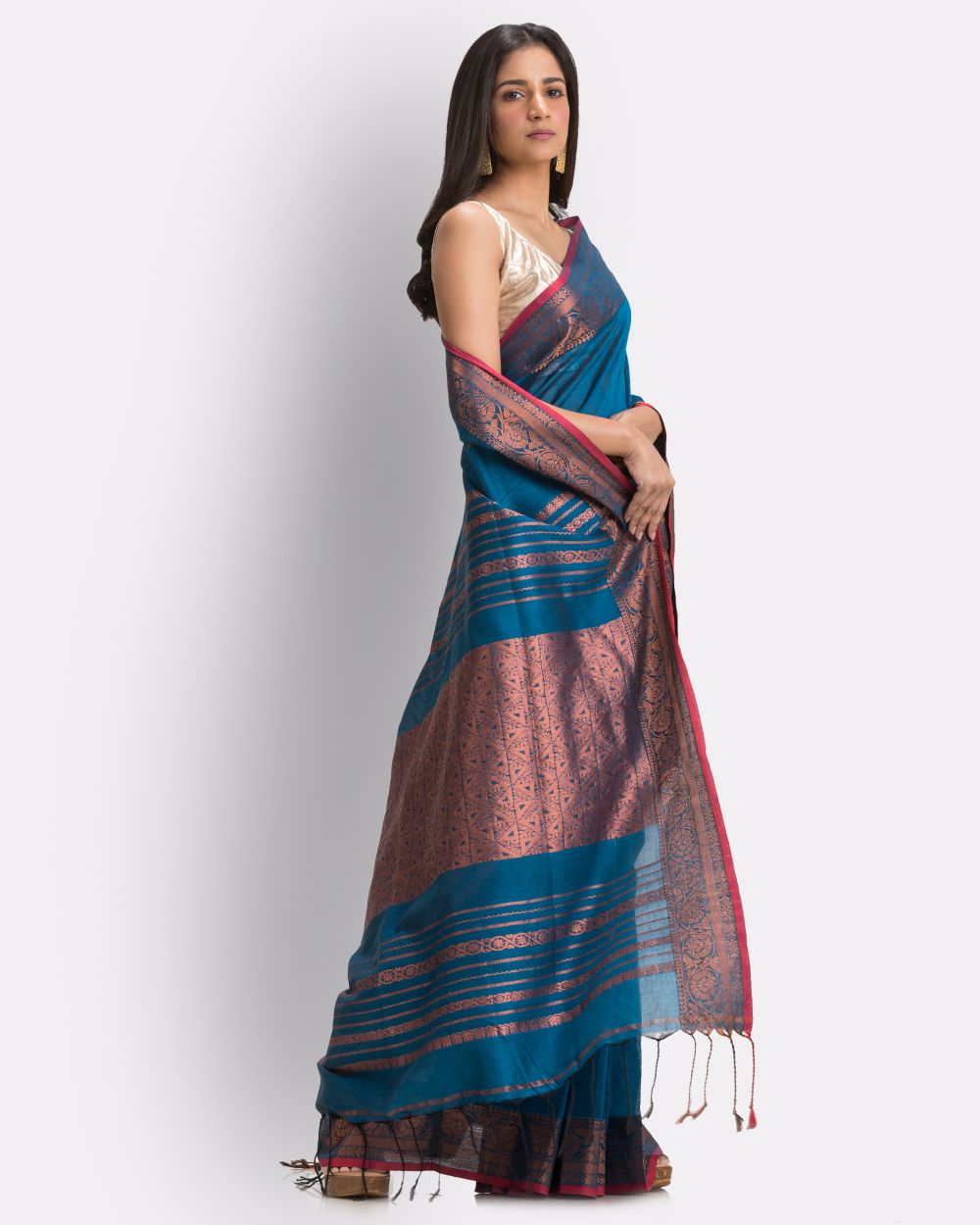 Sky blue red handwoven cotton bengal saree
