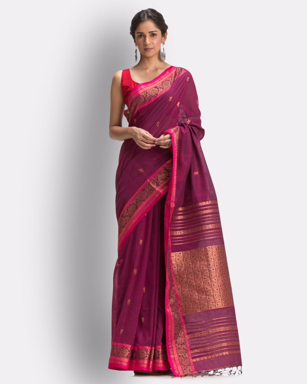 Pink handwoven cotton bengal saree