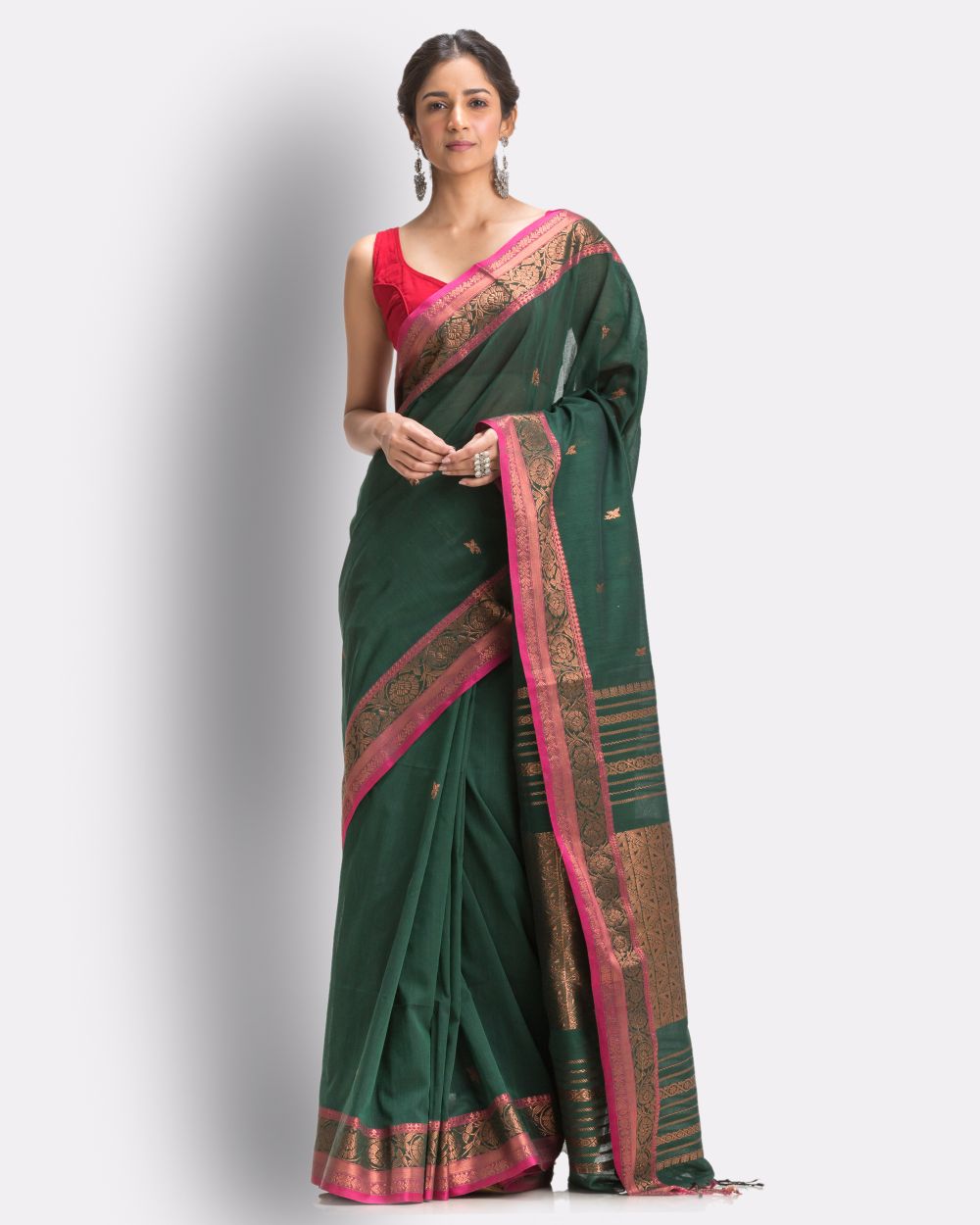 Dark green pink handwoven cotton bengal saree