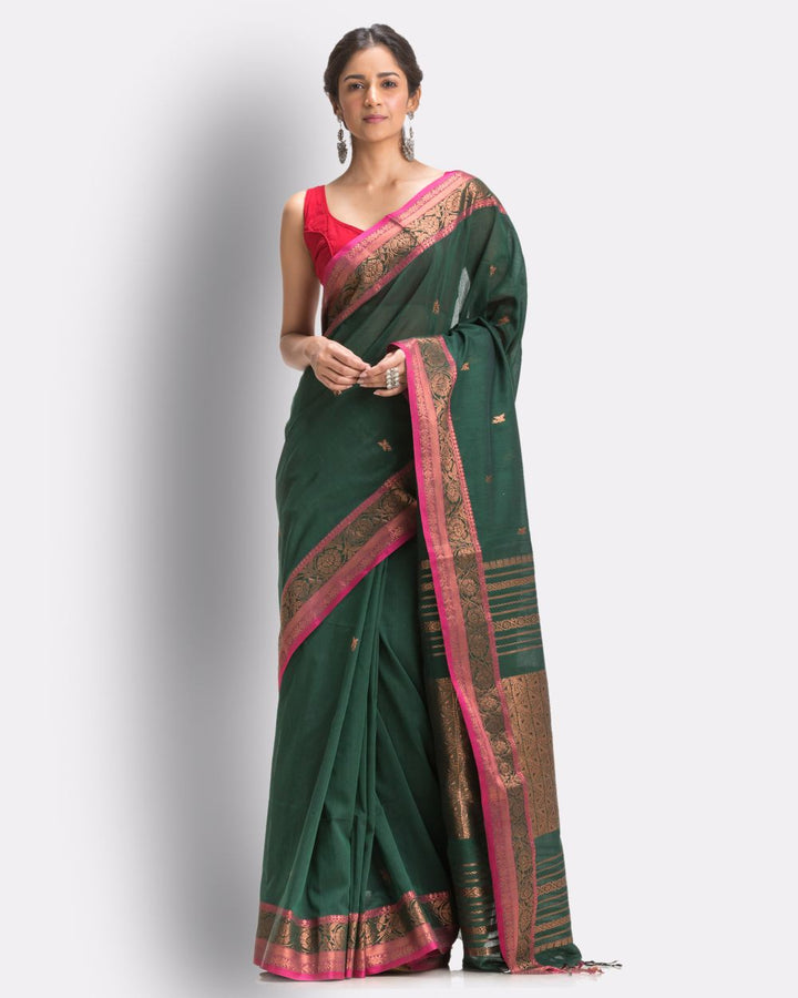 Dark green pink handwoven cotton bengal saree
