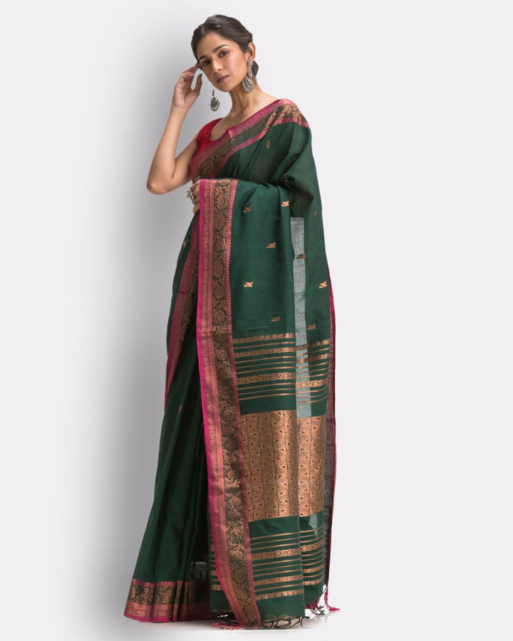 Dark green pink handwoven cotton bengal saree
