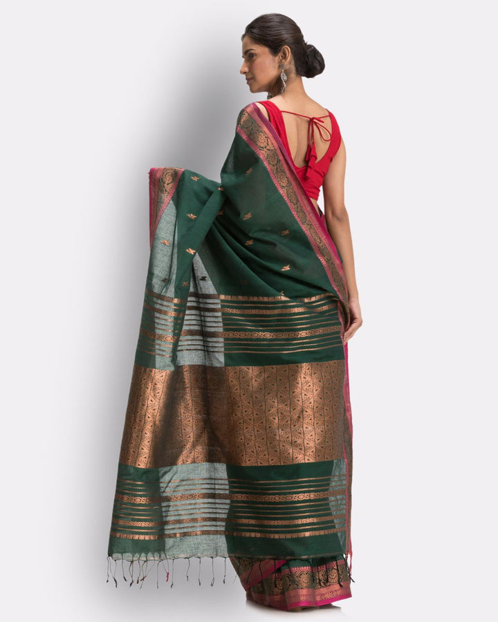 Dark green pink handwoven cotton bengal saree