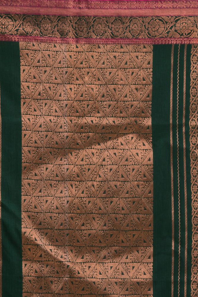 Dark green pink handwoven cotton bengal saree