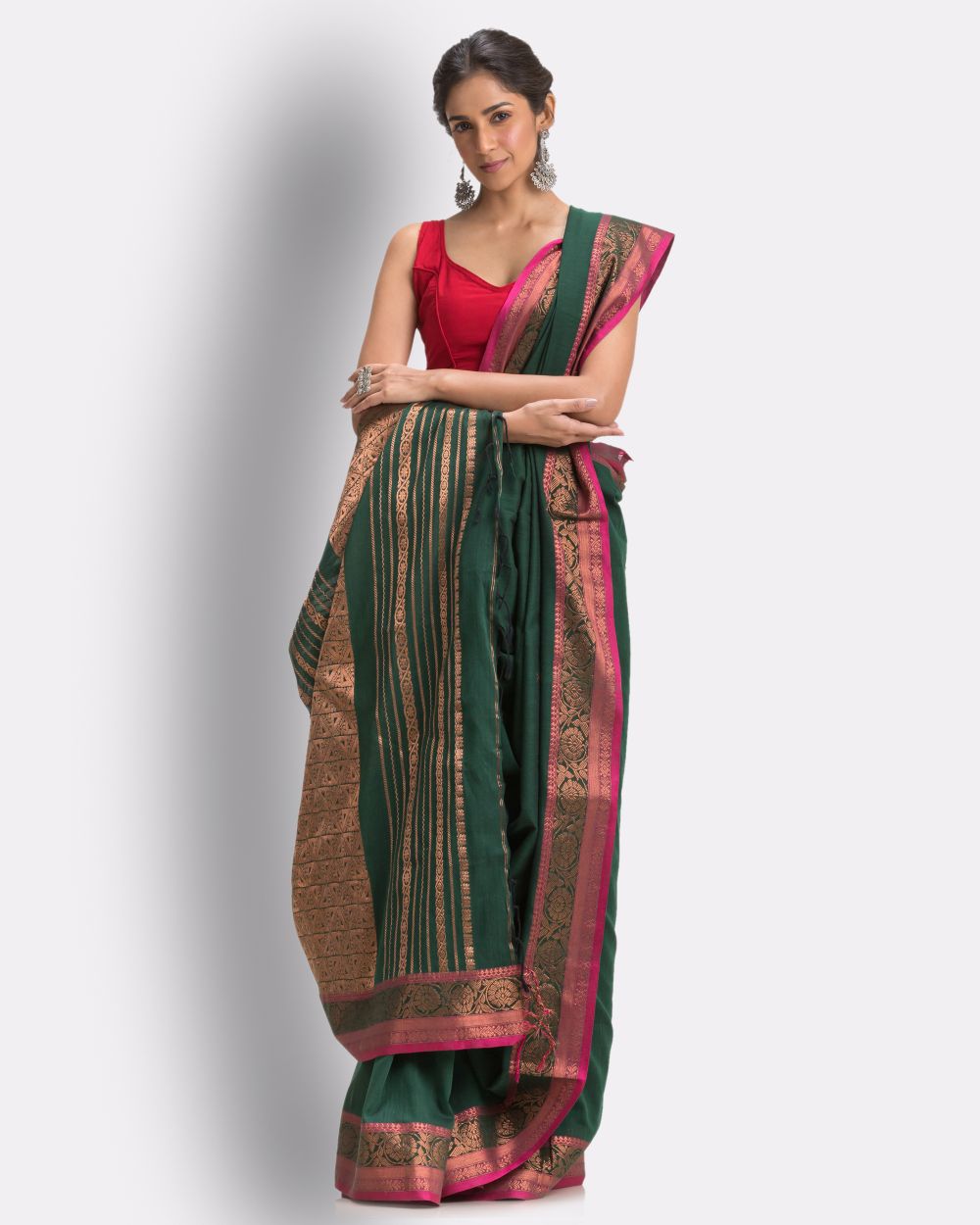 Dark green pink handwoven cotton bengal saree