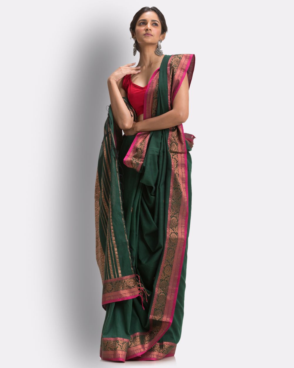Dark green pink handwoven cotton bengal saree