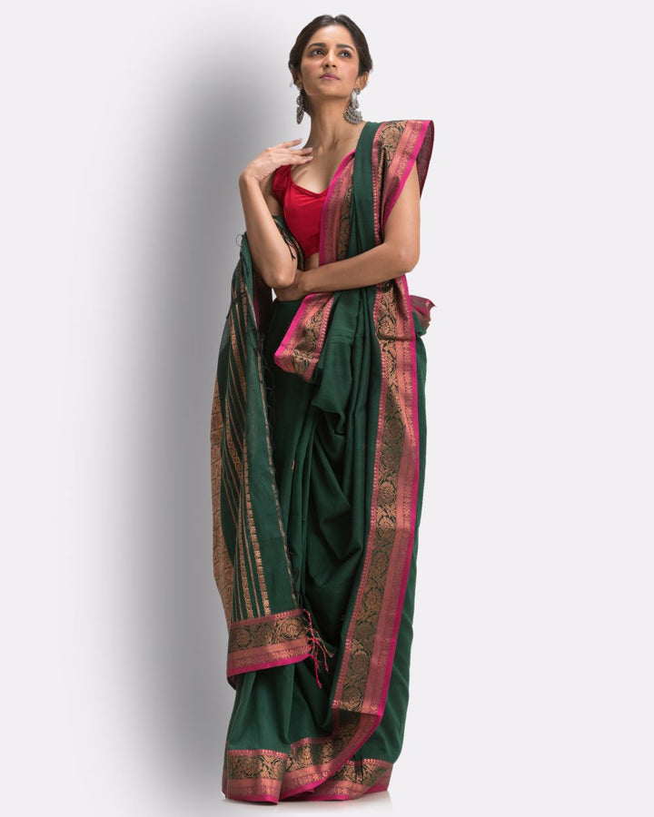 Dark green pink handwoven cotton bengal saree