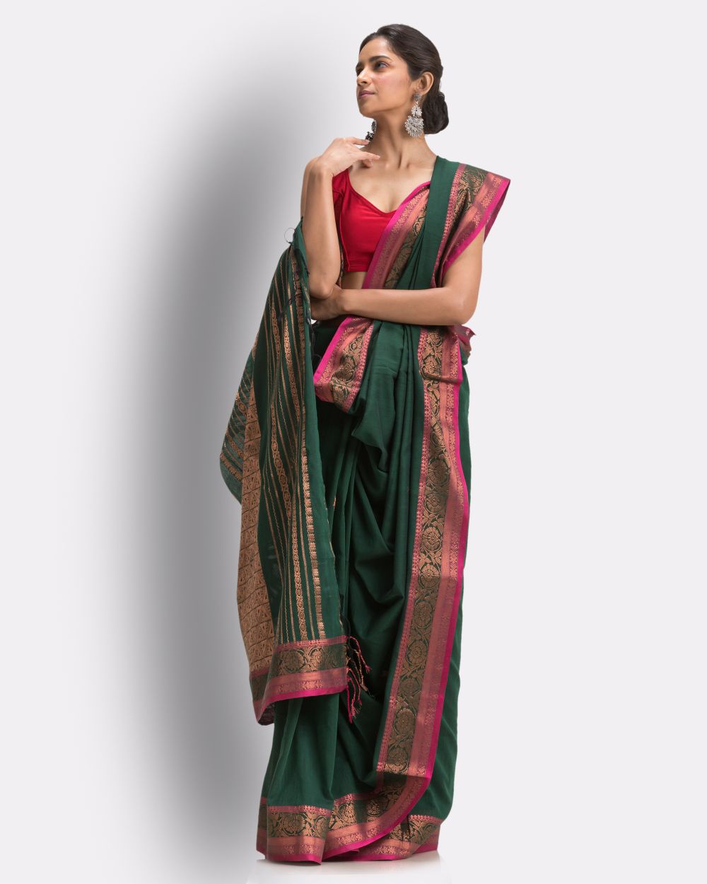 Dark green pink handwoven cotton bengal saree