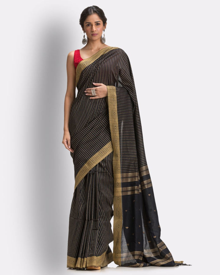 Black beige handwoven cotton jamdani saree