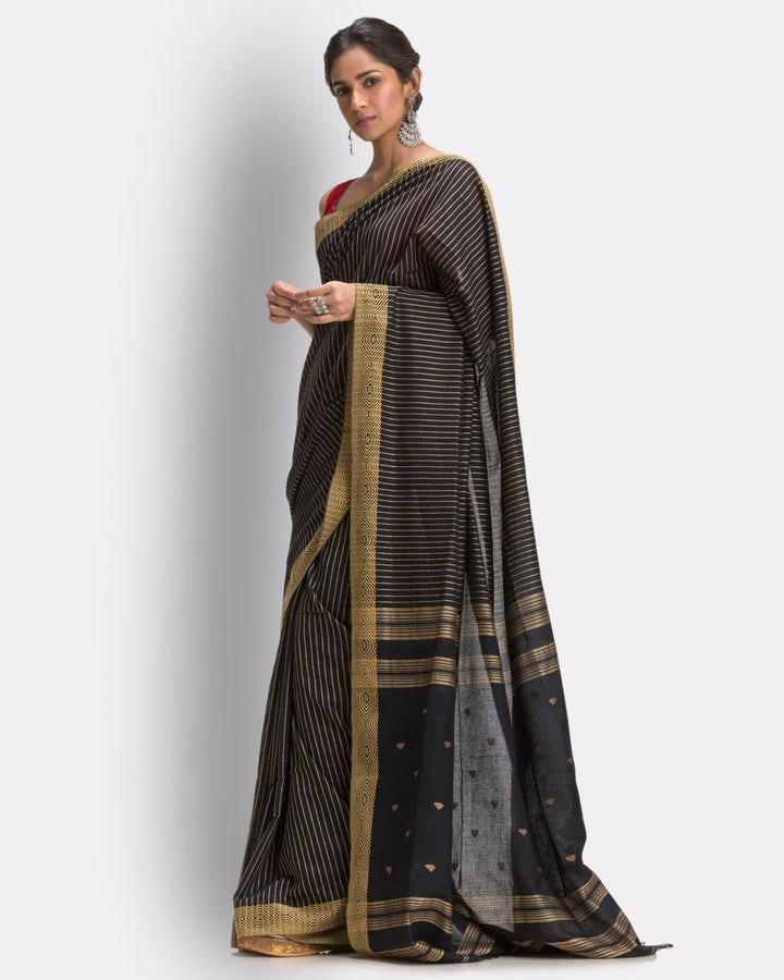 Black beige handwoven cotton jamdani saree