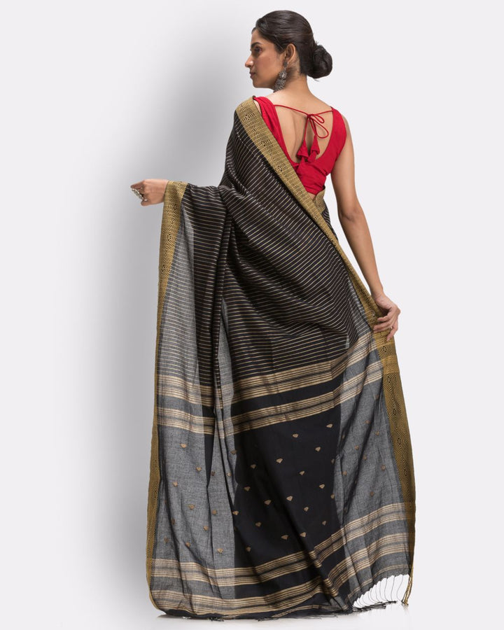 Black beige handwoven cotton jamdani saree