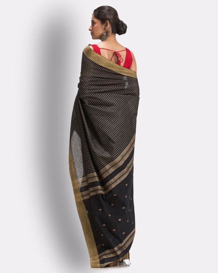 Black beige handwoven cotton jamdani saree