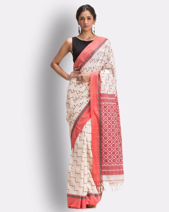 Off white and peach handwoven cotton bengal saree