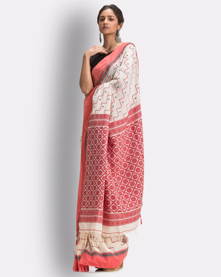 Off white and peach handwoven cotton bengal saree