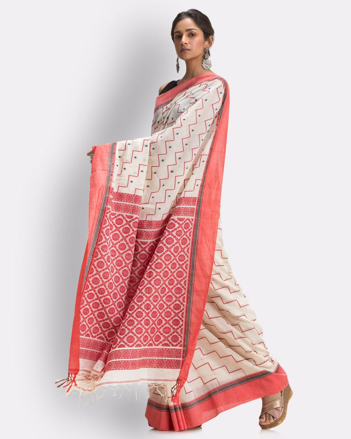 Off white and peach handwoven cotton bengal saree