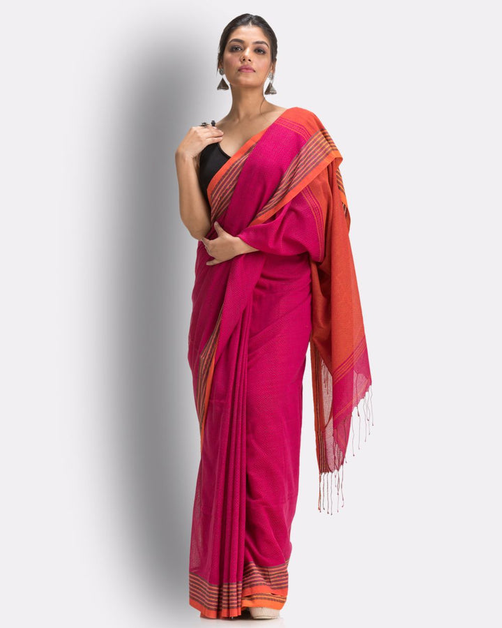 Dark pink and orange handwoven cotton bengal saree