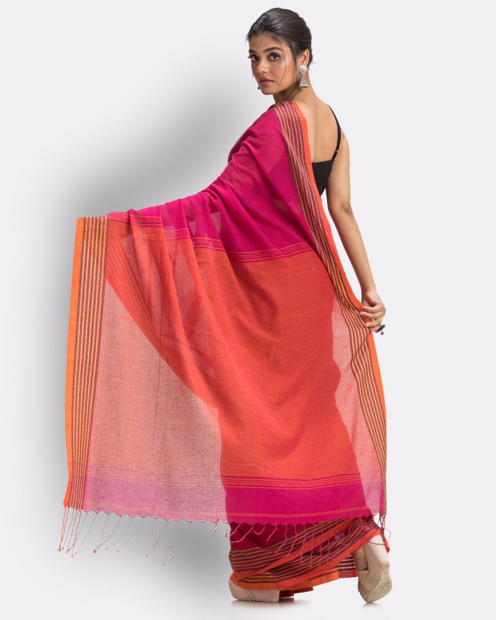 Dark pink and orange handwoven cotton bengal saree