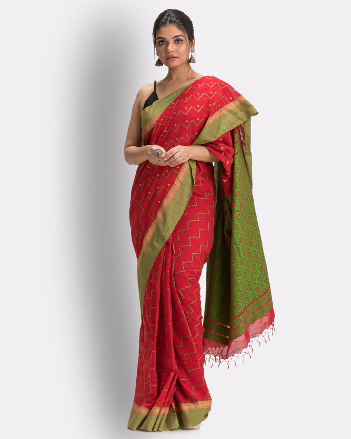Red green handwoven cotton bengal saree
