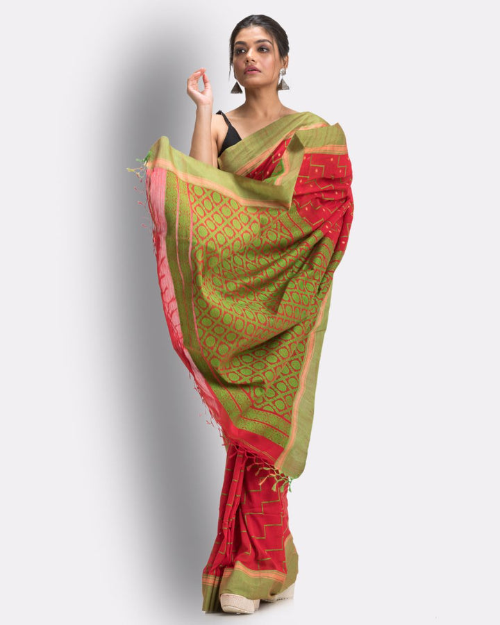 Red green handwoven cotton bengal saree