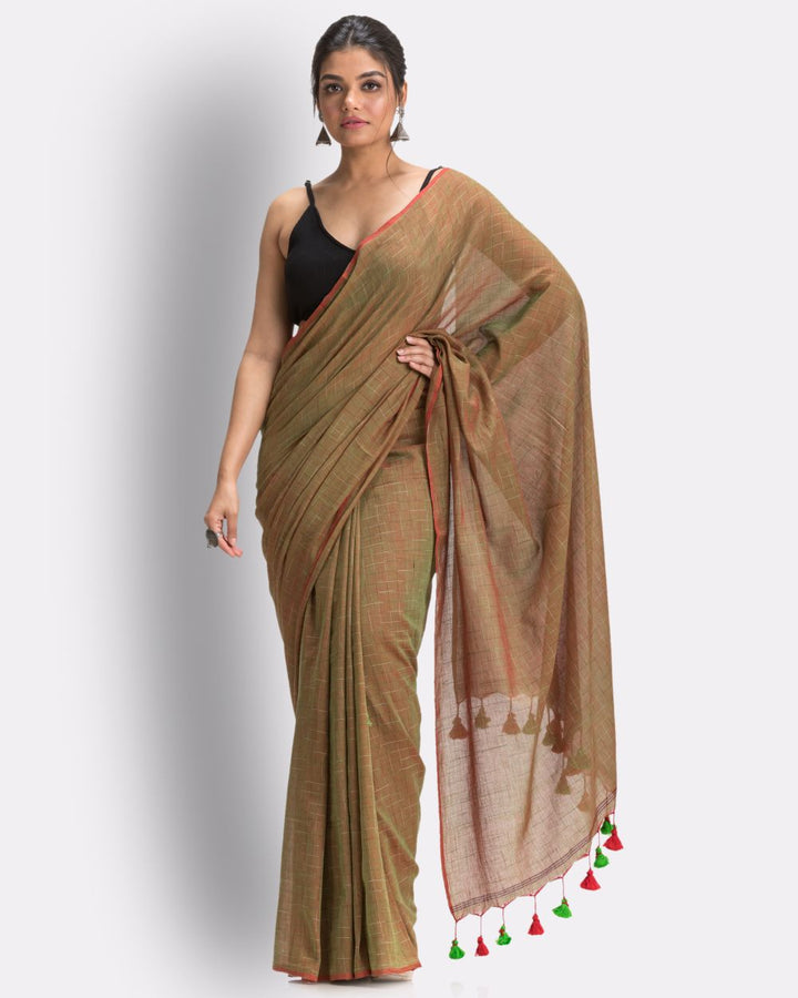 Olive green khaki green handwoven mul cotton bengal saree