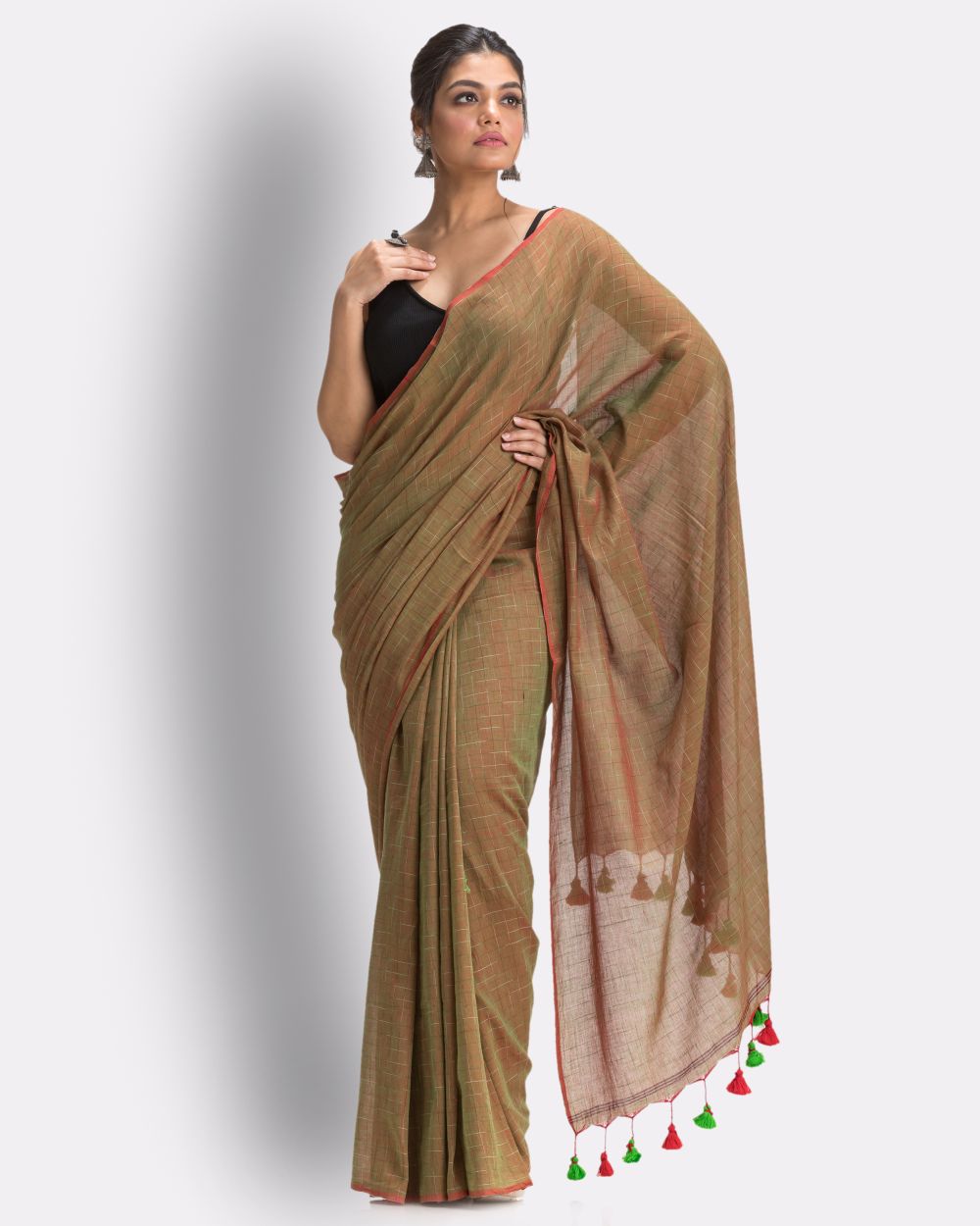 Olive green khaki green handwoven mul cotton bengal saree