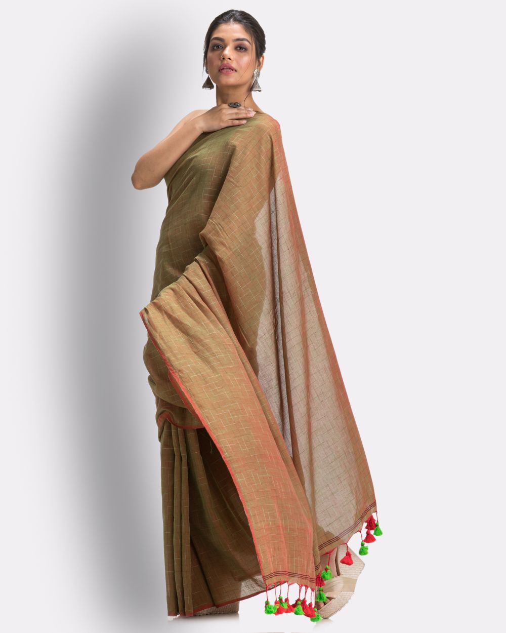 Olive green khaki green handwoven mul cotton bengal saree