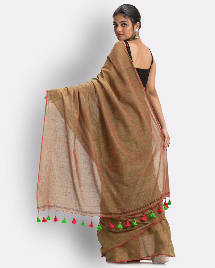 Olive green khaki green handwoven mul cotton bengal saree