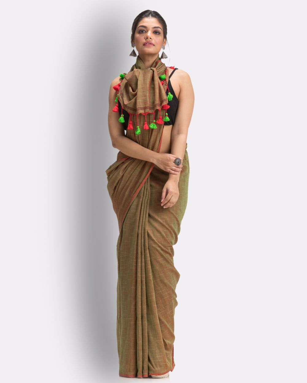 Olive green khaki green handwoven mul cotton bengal saree