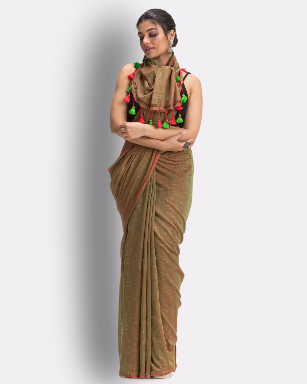 Olive green khaki green handwoven mul cotton bengal saree