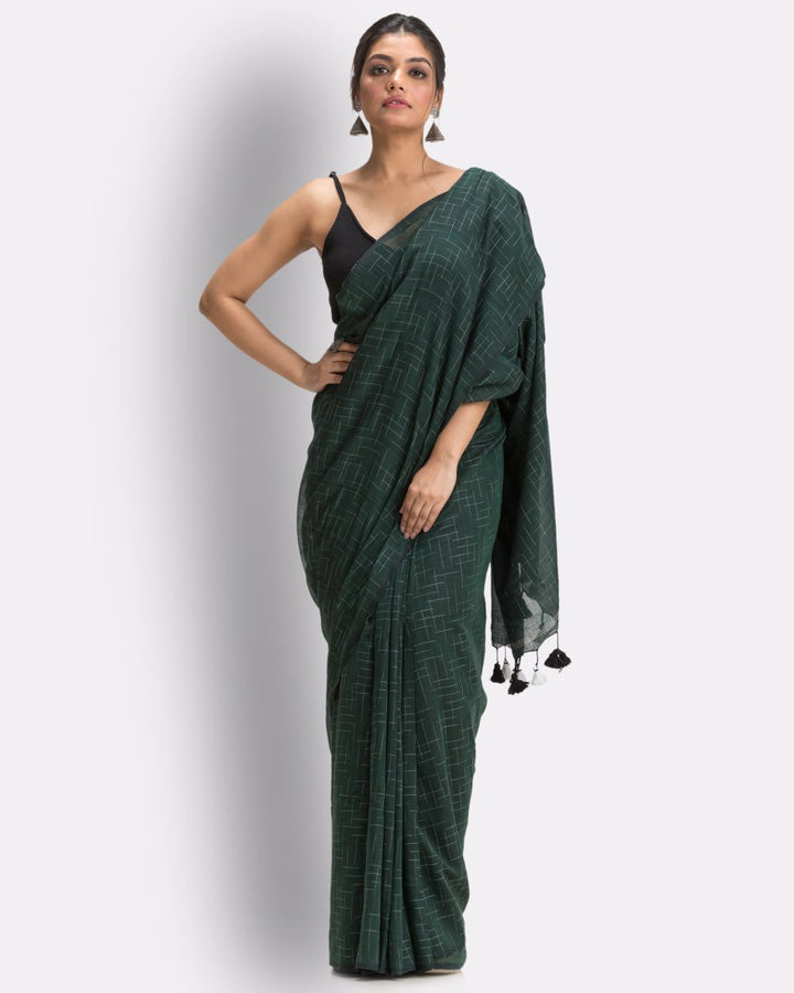 Dark green handwoven mul cotton bengal saree