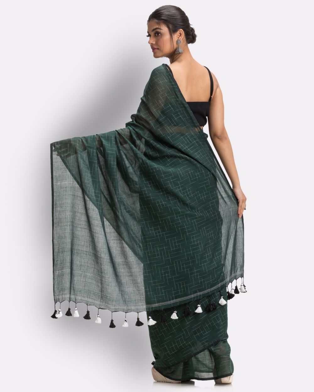 Dark green handwoven mul cotton bengal saree