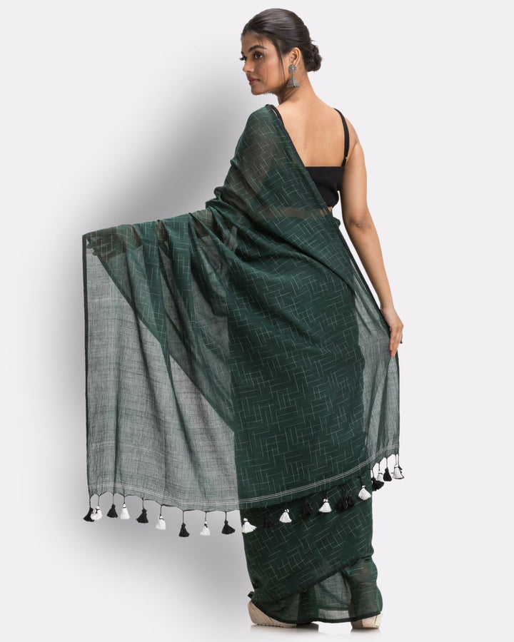 Dark green handwoven mul cotton bengal saree