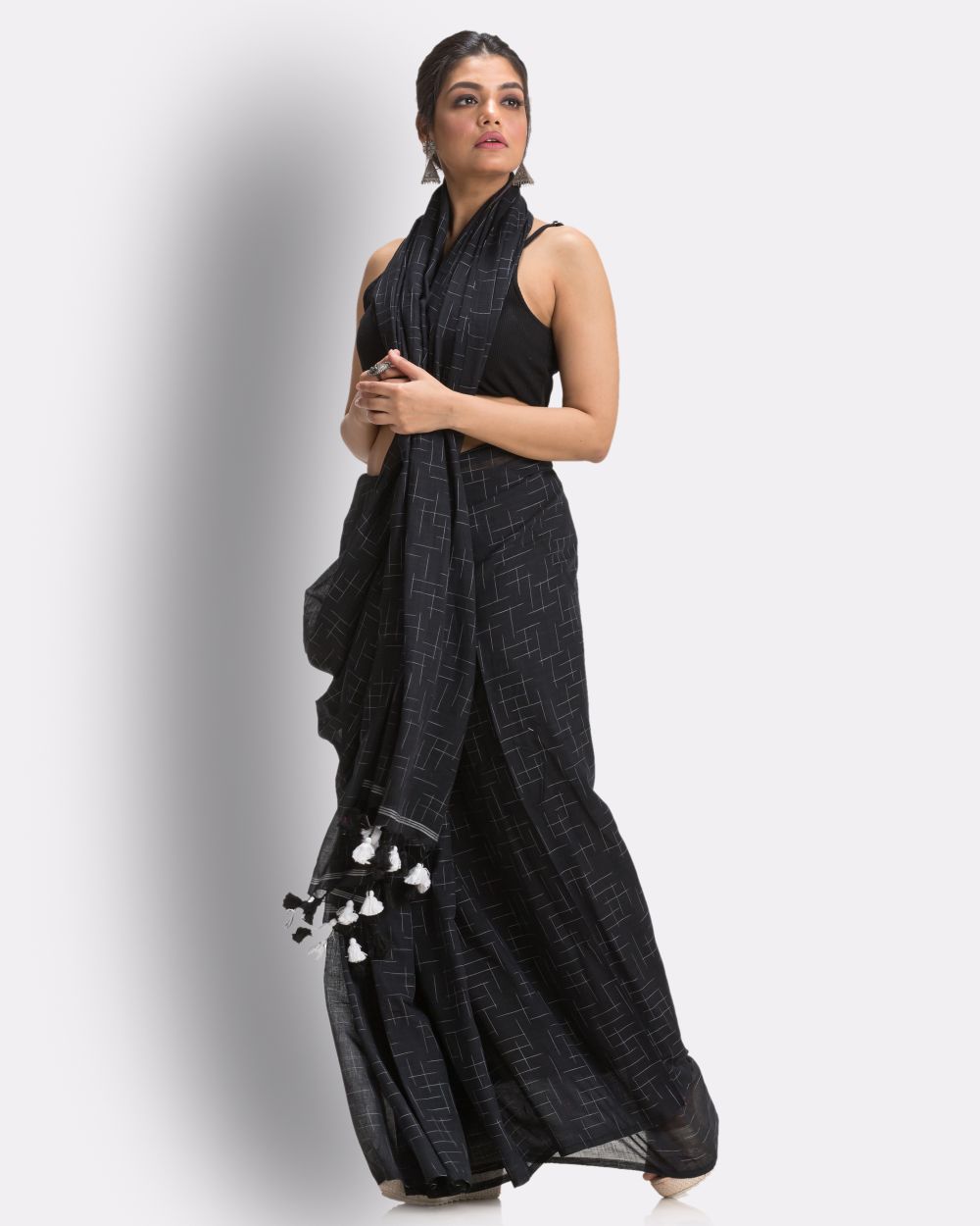 Black handwoven cotton bengal saree