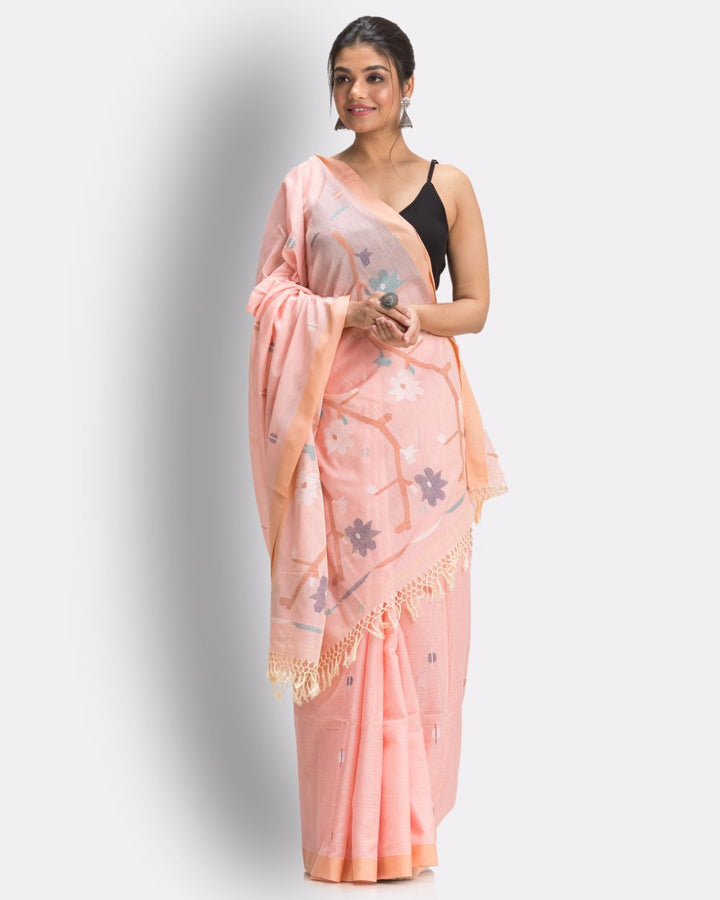 Pale orange handwoven cotton jamdani saree